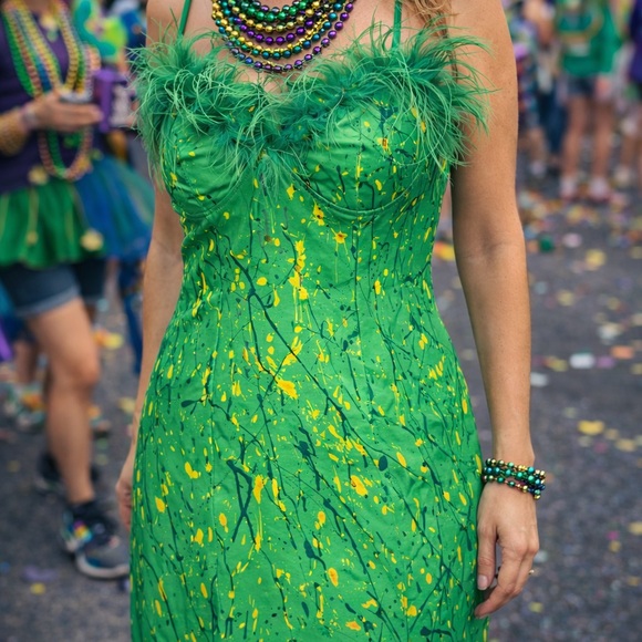 Dresses & Skirts - Green Mardi Gras Patent leather Dress with Feather Trim BAD COLLECTION